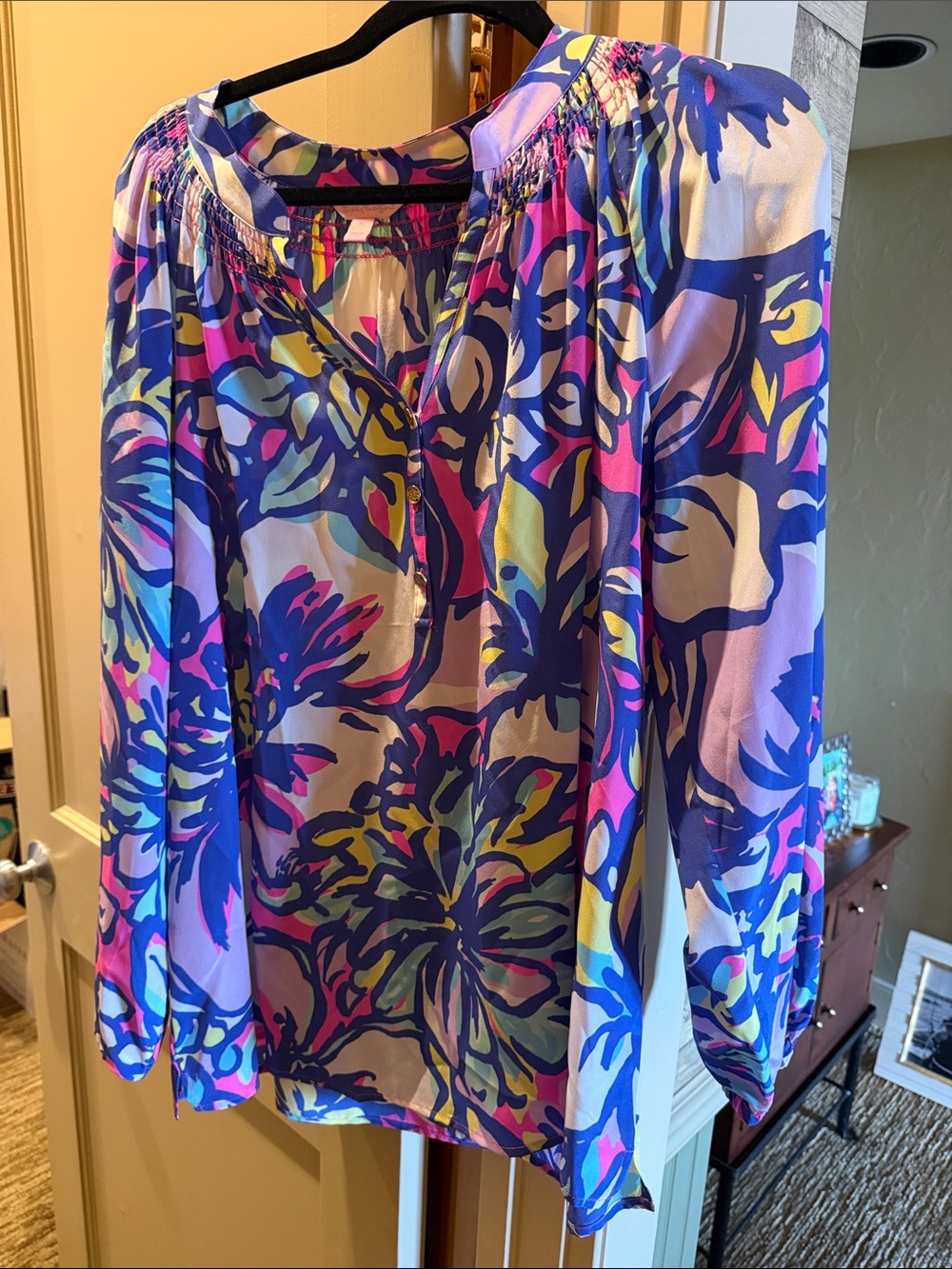 Lilly Pulitzer Floral Peasant Blouse in Blue, Pink & Yellow